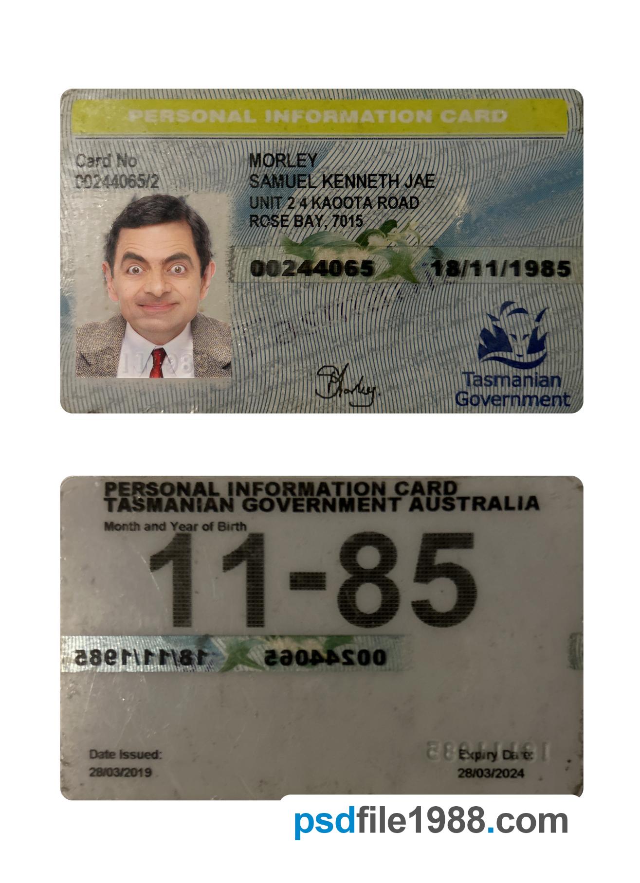 Australia Tasmania Personal Information Card